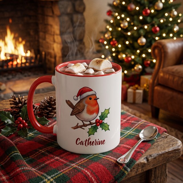 Personalised Christmas Robin with Santa Hat Mug (Creator Uploaded)