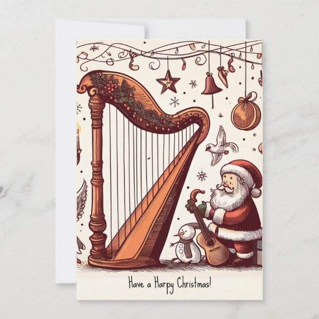Personalised Christmas Santa Harp Greeting Card (Front)