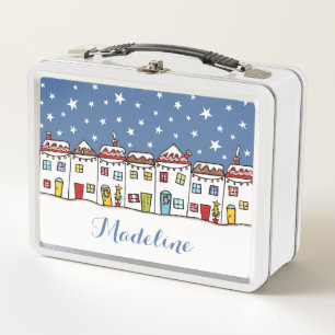 Personalised Christmas Snow Street Scene Metal Lunch Box