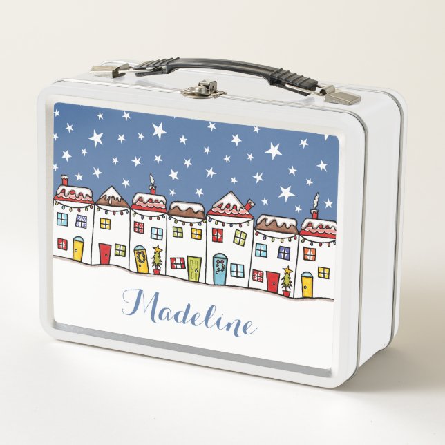 Personalised Christmas Snow Street Scene Metal Lunch Box (Front)