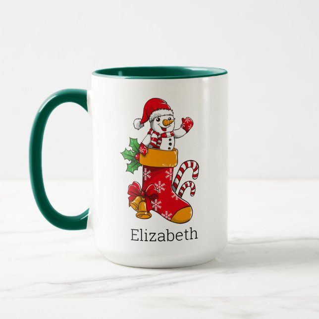 Personalised Christmas Snowman Candy Cane Coffee Mug (Left)