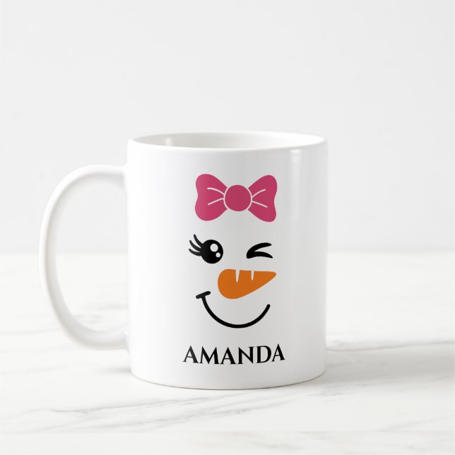 Personalised christmas snowman with custom name coffee mug (Left)