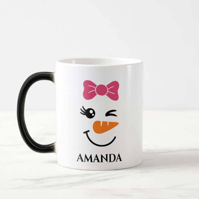 Personalised christmas snowman with custom name magic mug (Left)