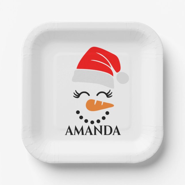 Personalised christmas snowman with custom name  paper plate (Front)