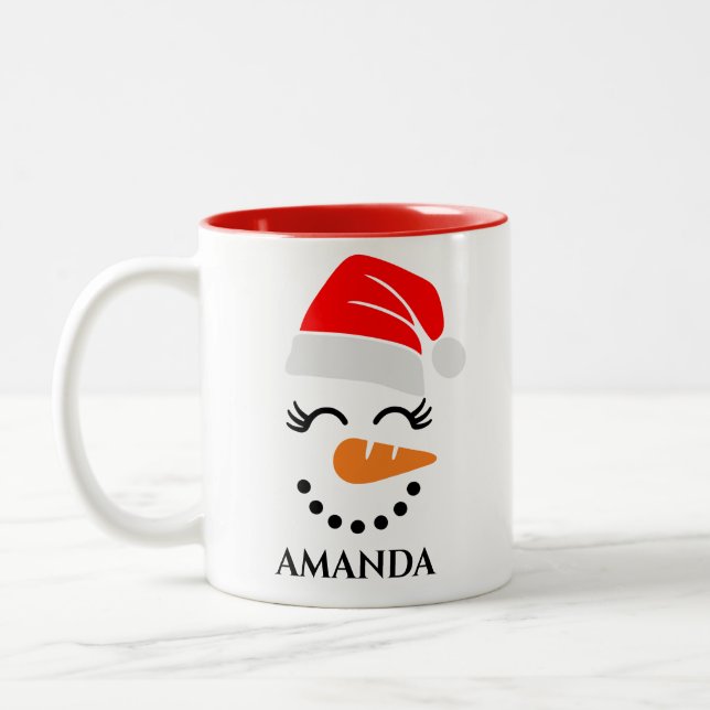 Personalised christmas snowman with custom name Two-Tone coffee mug (Left)