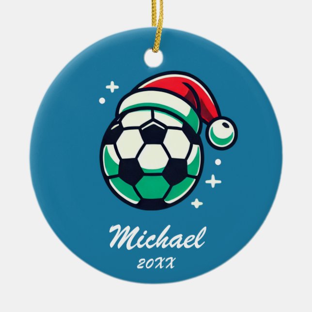 Personalised Christmas Soccer Ball with Santa Hat  Ceramic Tree Decoration (Front)