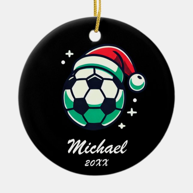 Personalised Christmas Soccer Ball with Santa Hat  Ceramic Tree Decoration (Front)