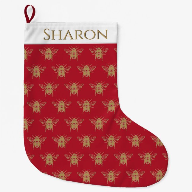 Personalised Christmas Stocking with Gold Bee (Front)