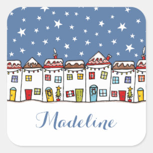 Personalised Christmas Street Snow Scene Square Sticker