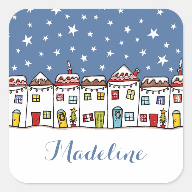 Personalised Christmas Street Snow Scene Square Sticker (Front)