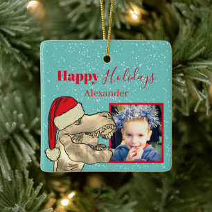 Personalised Christmas T-Rex Dinosaur Kids Photo Ceramic Ornament
