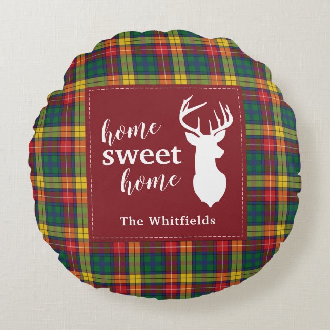 Personalised Christmas Tartan Clan Buchanan Plaid Round Cushion (Front)