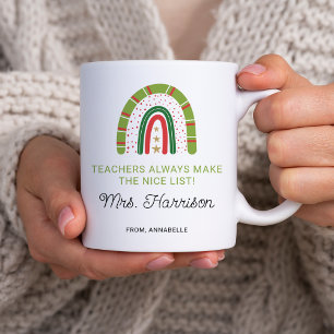Personalised Christmas Teachers Rainbow Nice List Coffee Mug