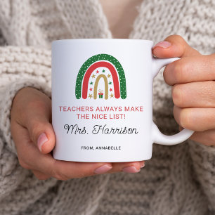 Personalised Christmas Teachers Rainbow Nice List Coffee Mug