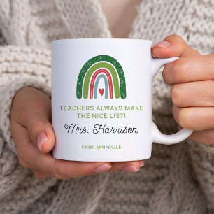 Personalised Christmas Teachers Rainbow Nice List Coffee Mug