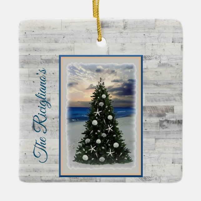 Personalised Christmas Tree Beach Ceramic Ornament (Front)