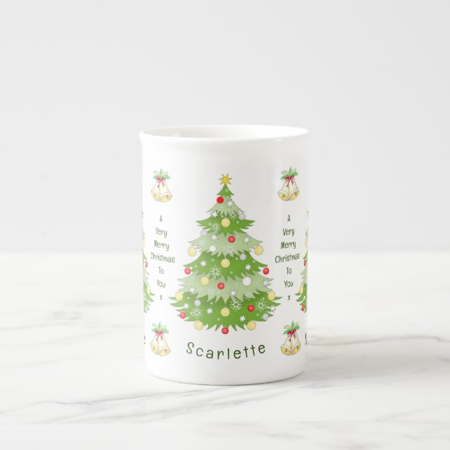 Personalised Christmas Tree & Bells Bone China Mug (Front)