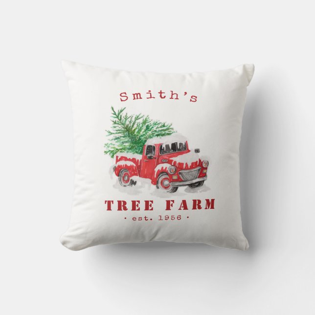 Personalised Christmas Tree Farm Red Truck Cushion (Front)
