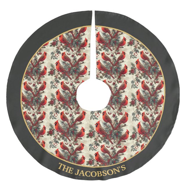Personalised Christmas Tree Skirt Red Cardinals (Front)