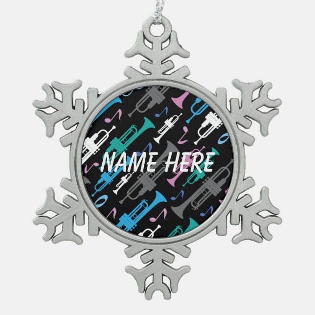 Personalised Christmas Trumpet Player Gift Snowflake Pewter Christmas Ornament (Front)