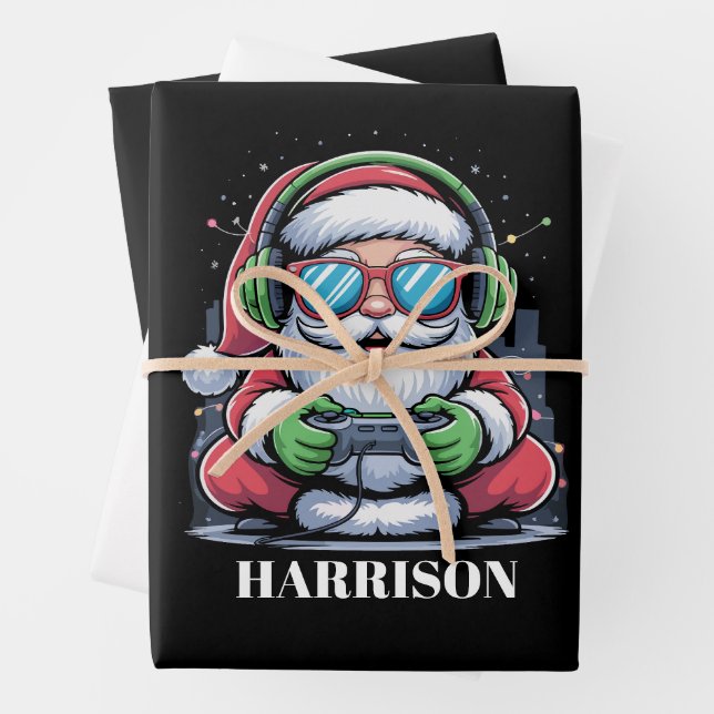 Personalised Christmas Video Game Santa Xmas  Wrapping Paper Sheet (In situ)