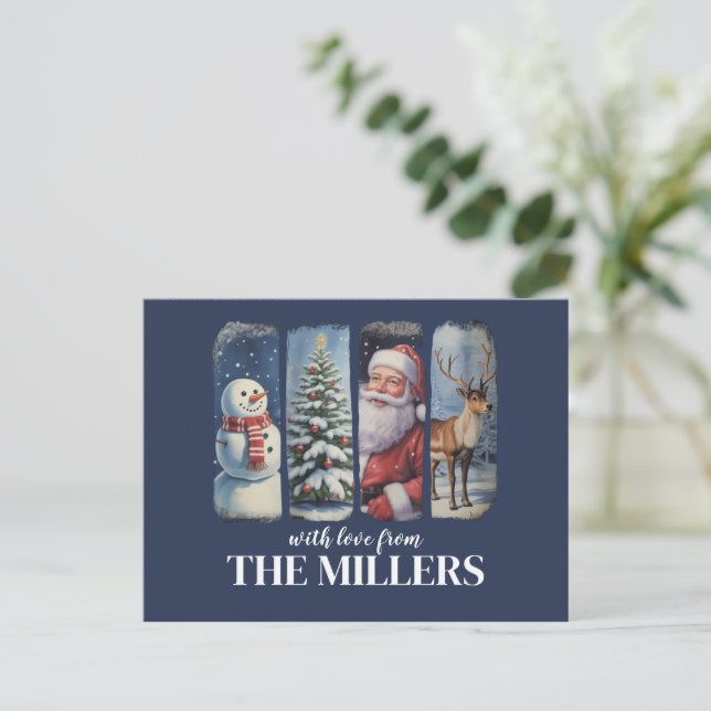 Personalised Christmas Vintage Santa Claus Snowman Holiday Postcard (Standing Front)
