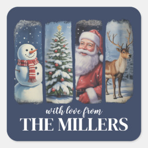 Personalised Christmas Vintage Santa Claus Snowman Square Sticker