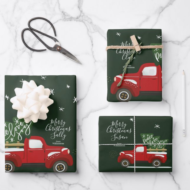 Personalised Christmas Vintage Truck Wrapping Paper Sheet (Front)