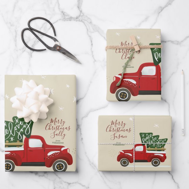 Personalised Christmas Vintage Truck Wrapping Wrap Paper Sheet (Front)