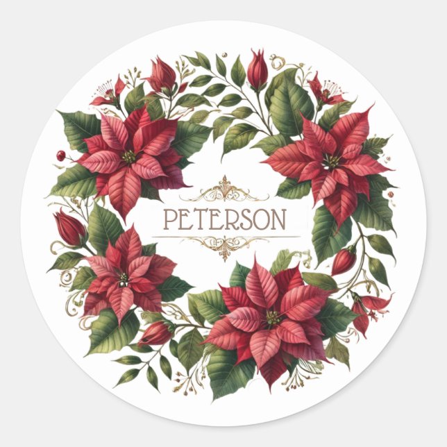 Personalised Christmas Watercolor Poinsettias  Classic Round Sticker (Front)