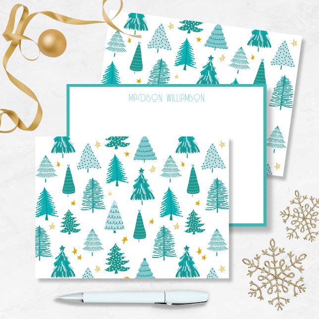 Personalised Christmas Winter Forest tree Card (Green winter woodland Christmas tree forest holiday notecard. Personalize with your name.)