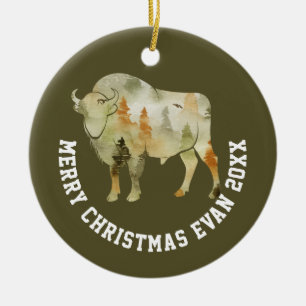 Personalised Christmas Winter Scene with Buffalo Ceramic Tree Decoration