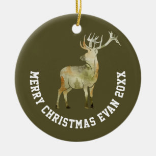 Personalised Christmas Winter Scene with Deer Art Ceramic Tree Decoration