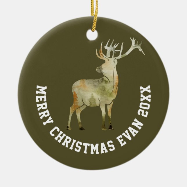 Personalised Christmas Winter Scene with Deer Art Ceramic Tree Decoration (Front)