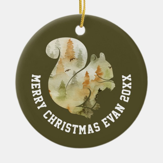 Personalised Christmas Winter Scene with Squirrel Ceramic Tree Decoration (Front)