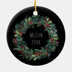 Personalised Christmas Winter Scene with Wolf Art Ceramic Tree Decoration