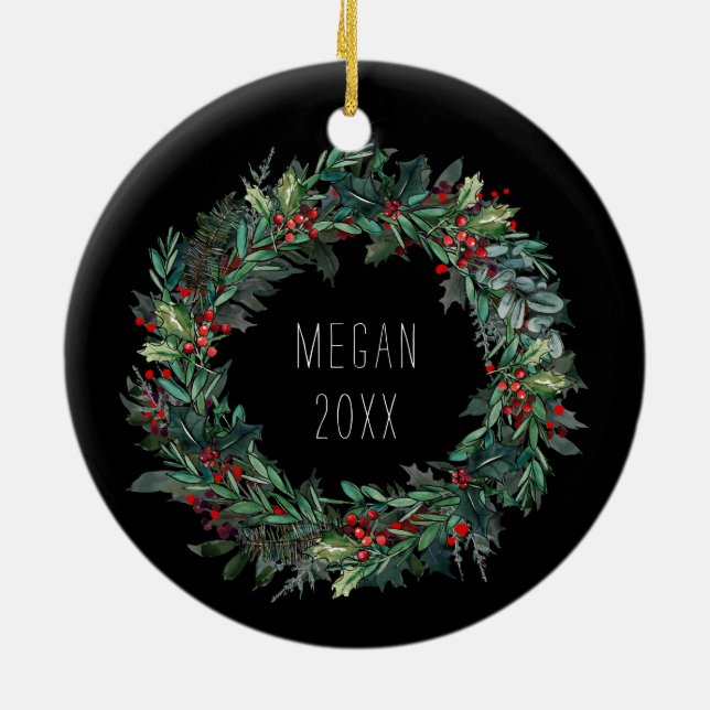 Personalised Christmas Winter Scene with Wolf Art Ceramic Tree Decoration (Back)