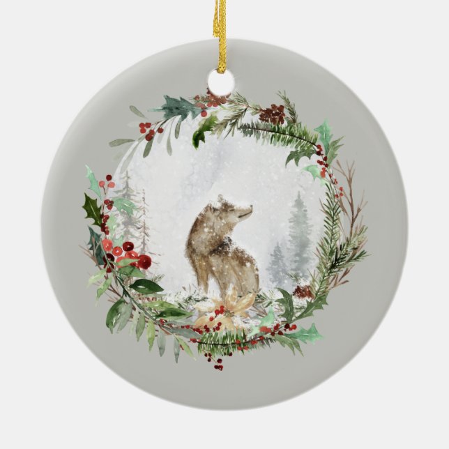 Personalised Christmas Winter Scene with Wolf Art Ceramic Tree Decoration (Back)