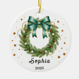Personalised Christmas Wreath Name & Year Ceramic Tree Decoration