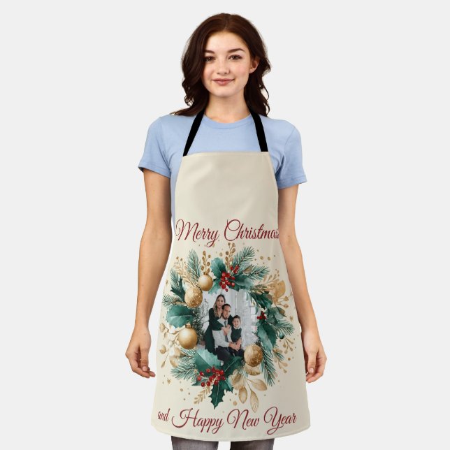Personalised Christmas Wreath Photo Card Apron (Worn)