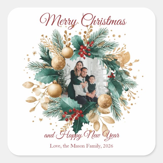 Personalised Christmas Wreath Photo Card Square Sticker (Front)