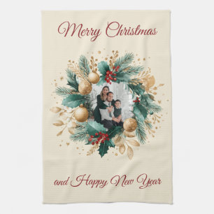 Personalised Christmas Wreath Photo Card Tea Towel