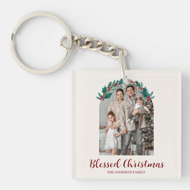 Personalised Christmas Wreath Photo Keychain  (Front)