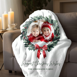 Personalised Christmas Wreath Photo & Name Holiday Sherpa Blanket