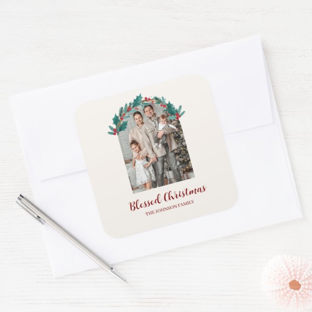 Personalised Christmas Wreath Photo & Name Sticker (Envelope)