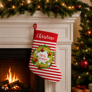 Personalised Christmas Wreath & Red Stripe Pattern Small Christmas Stocking