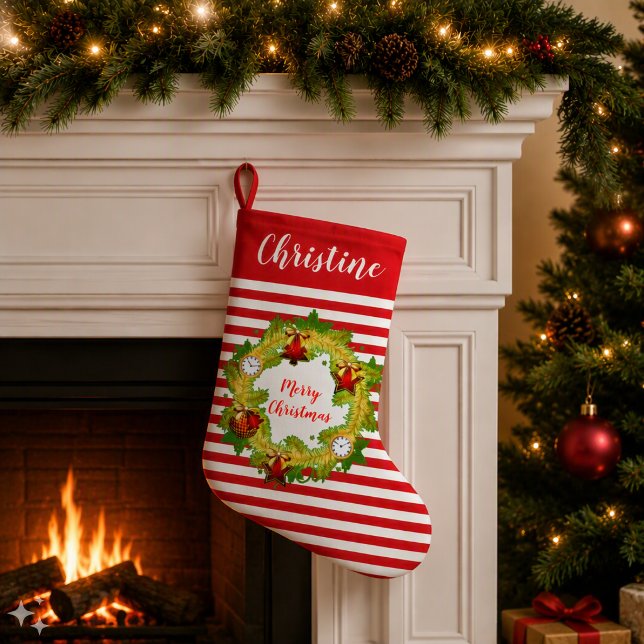 Personalised Christmas Wreath & Red Stripe Pattern Small Christmas Stocking (Creator Uploaded)