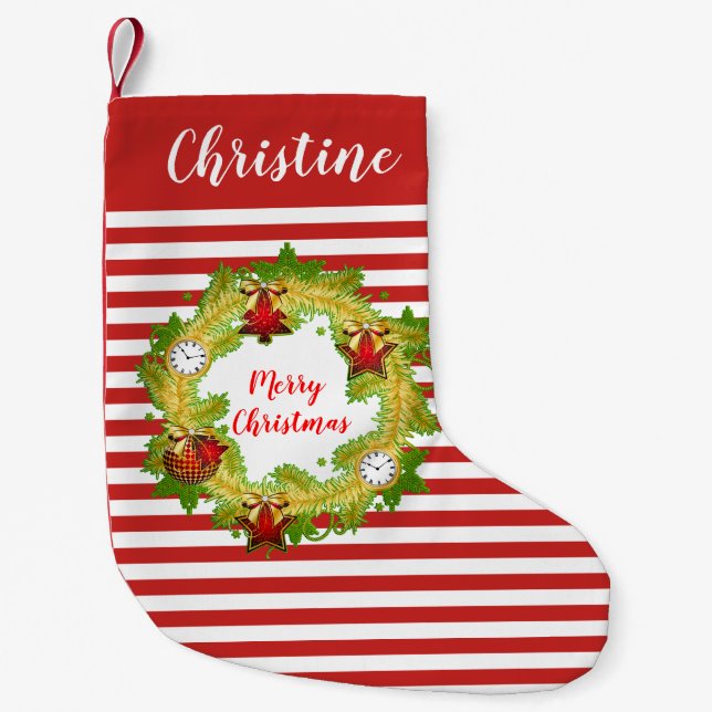 Personalised Christmas Wreath & Red Stripe Pattern Small Christmas Stocking (Front)