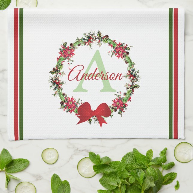 Personalised Christmas wreath  Tea Towel (Folded)
