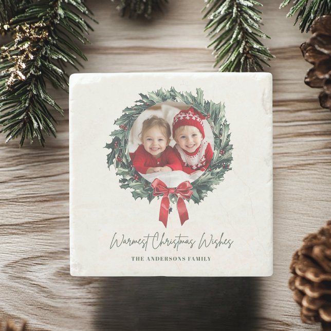 Personalised Christmas Wreath  with Photo and Name Stone Coaster (Creator Uploaded)